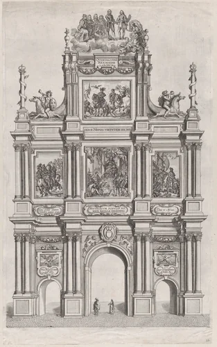 Plate 19: Triumphal arch, elevation of the front, surmounted by a cloud bearing Ferdinand and royal ancestors; from Guillielmus Becanus's 'Serenissimi Principis Ferdinandi, Hispaniarum Infantis...' by Johannes Meursius, print, 1636