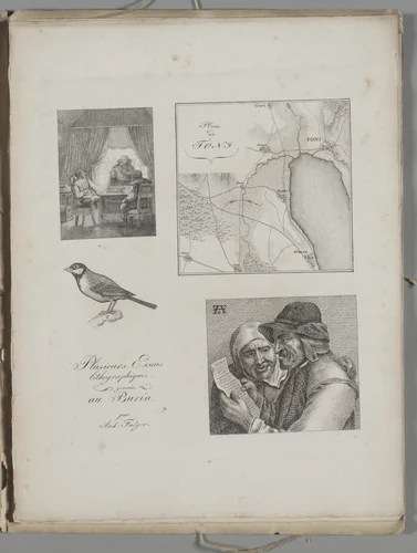 Art of the Lithograph: Four Engraving Samples, War Tent, Map of Toni, Bird, Dutch Farmer and Woman by Alois Senefelder, other, 1819