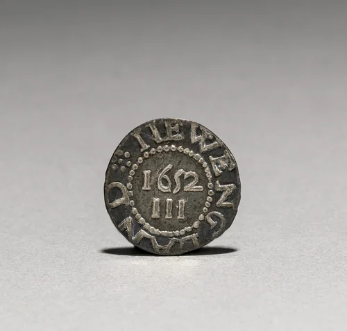 Pine Tree Three Pence (reverse) by John Hull, metalwork, 1652