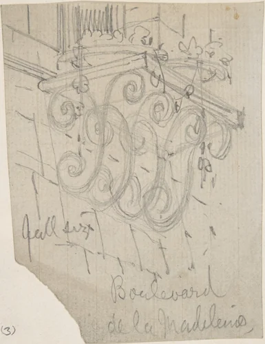 Curved Metal Brackets Supporting a Shelf outside a Window, Boulevard de la Madeleine by Richardson Ellson, drawing, 1875-1885