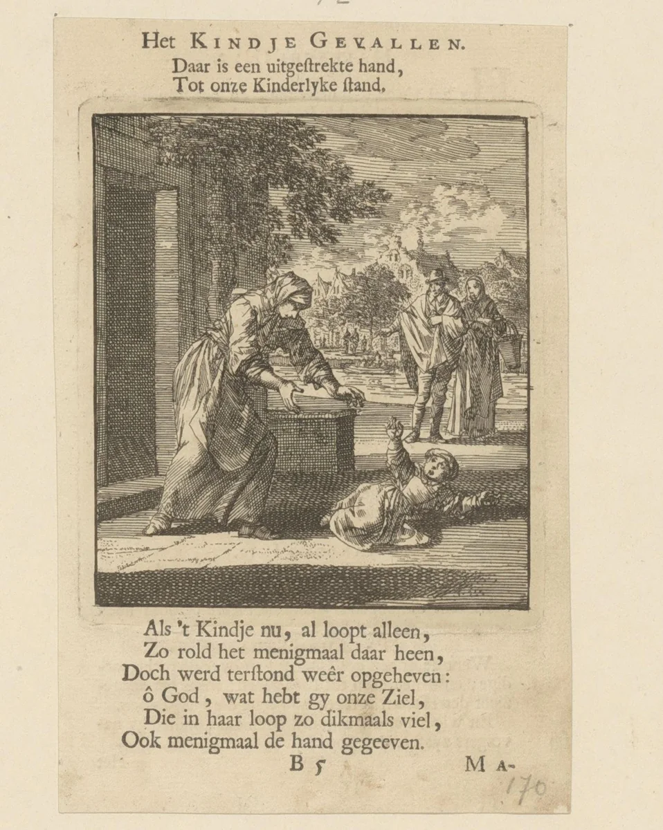 Moeder tilt haar op de grond gevallen kind op by Jan Luyken, print, 1712