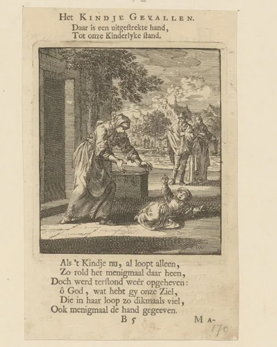 Moeder tilt haar op de grond gevallen kind op by Jan Luyken, print, 1712