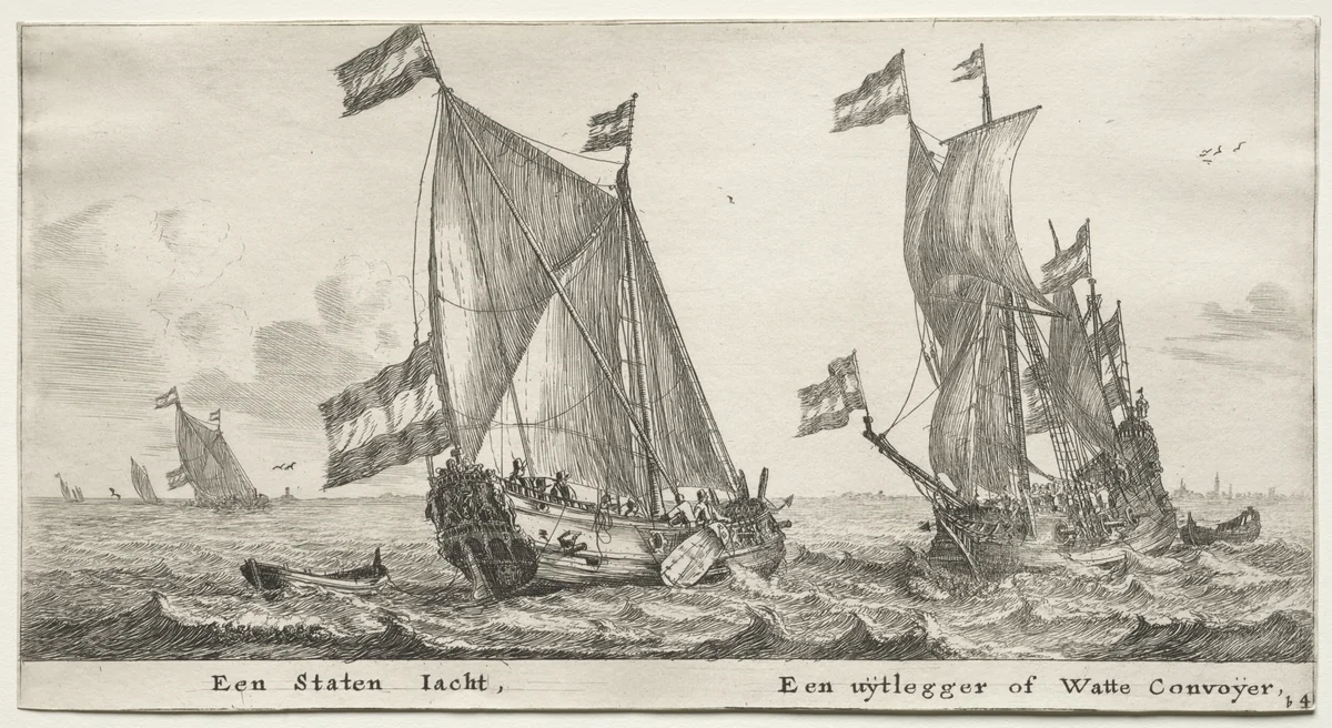 Various Ships and Views of Amsterdam (Verscheÿde Schepen en Gesichten van Amstelredam), Part II: Dutch Admiralty Yacht. A Guard Ship by Clement de Jonghe, print, 1652-1654