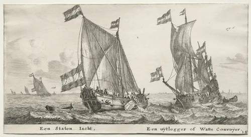 Various Ships and Views of Amsterdam (Verscheÿde Schepen en Gesichten van Amstelredam), Part II: Dutch Admiralty Yacht. A Guard Ship by Clement de Jonghe, print, 1652-1654