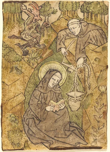 Saint Benedict and the Monk Romanus by Master of St. Wolfgang, print, 1440-1450