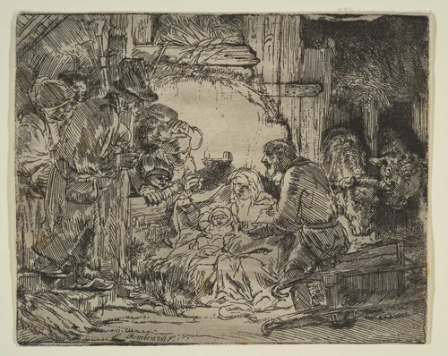 The Adoration of the Shepherds: with the Lamp by Rembrandt van Rijn, print, 1649-1659