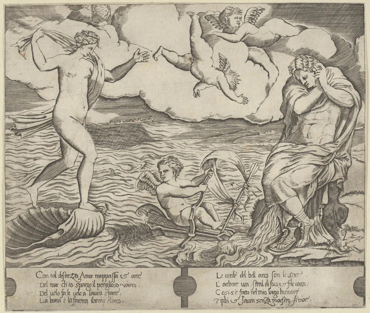 Venus riding a conch at left and cowering man (Jason) at right, Eros riding a makeshift boat holding a bow between them by anonymous, print, 1525-1535