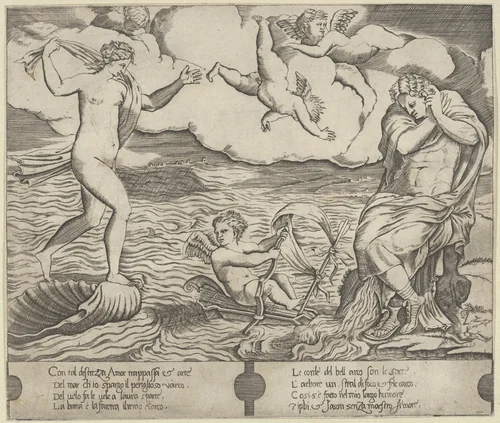 Venus riding a conch at left and cowering man (Jason) at right, Eros riding a makeshift boat holding a bow between them by anonymous, print, 1525-1535