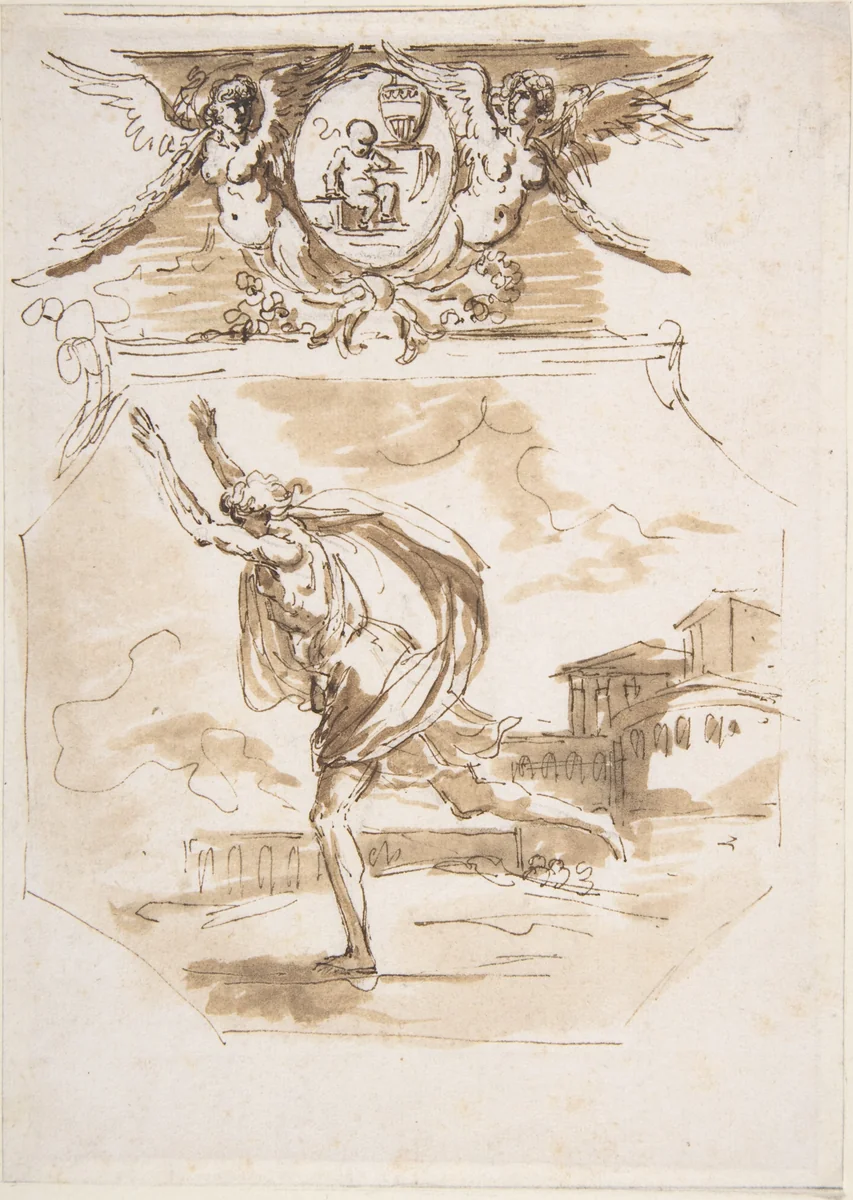 Draped Man Running; Cartouche Supported by Two Winged Victories by Etienne de Lavallée-Poussin, drawing, 1745-1793