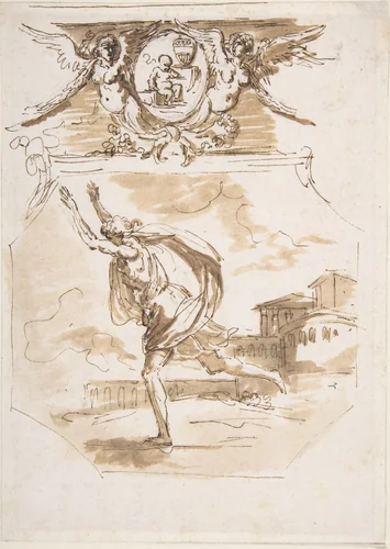 Draped Man Running; Cartouche Supported by Two Winged Victories by Etienne de Lavallée-Poussin, drawing, 1745-1793