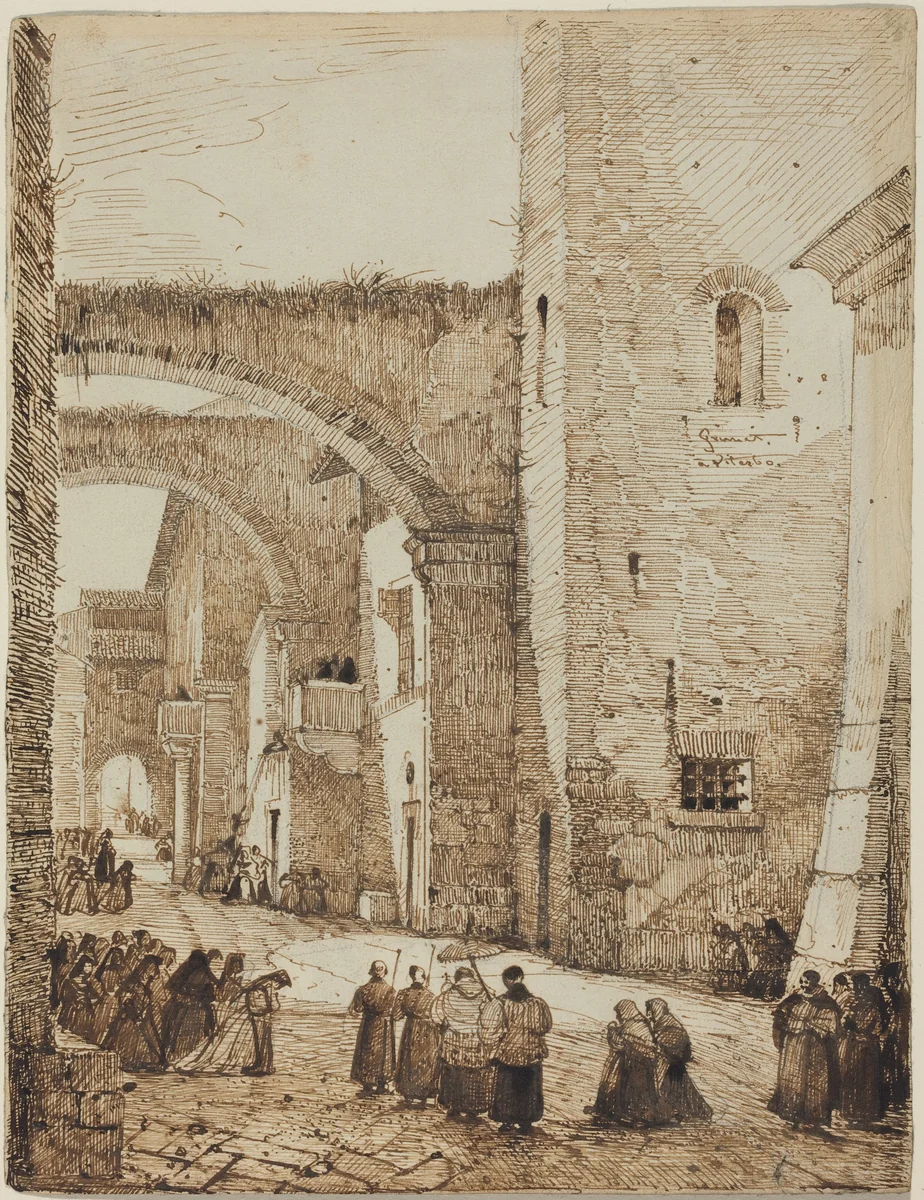 A Priest Processing through a Medieval Street in Viterbo by François-Marius Granet, drawing, 1775-1849