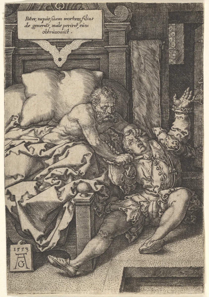 Judge Herkinbald Cutting the Throat of his Nephew by Heinrich Aldegrever, print, 1553