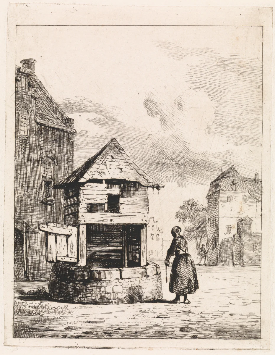 Meisje bij een waterput by Cornelis Springer, print, 1843