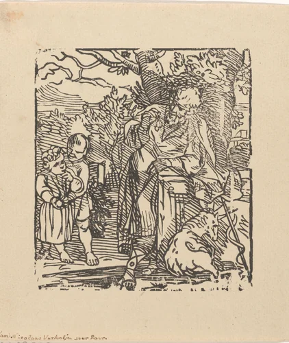 Man met twee kinderen en een schaap bij een boom by Nicolaas Verkolje, print, 1683-1746