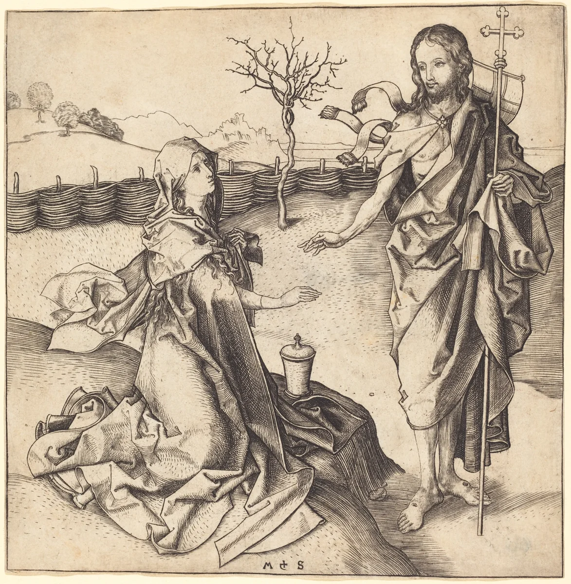 Christ Appearing to Mary Magdalene by Martin Schongauer, print, 1480-1490
