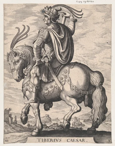 Plate 3: Emperor Tiberius on Horseback, from 'The First Twelve Roman Caesars', after Tempesta by Matthäus Merian, print, 1610-1650