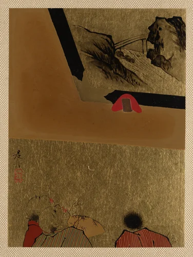 Three Men Looking at Framed Lacquer Drawing by Shibata Zeshin (柴田是真), painting, 1807-1868