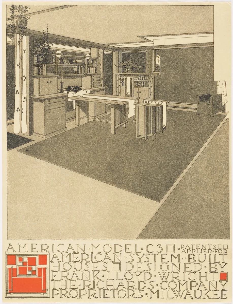 American System-Built Houses for The Richards Company project (Interior perspective of model C3) by Frank Lloyd Wright, architecture, 1915