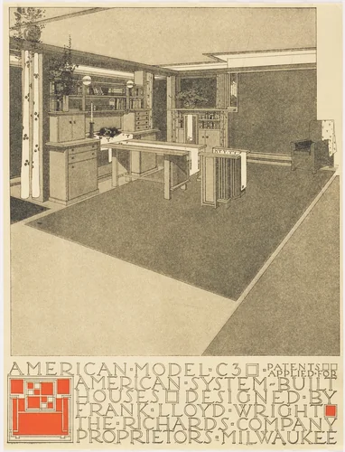 American System-Built Houses for The Richards Company project (Interior perspective of model C3) by Frank Lloyd Wright, architecture, 1915