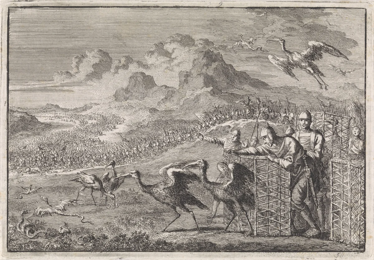 Mozes verjaagt de slangen door ibissen los te laten by Jan Luyken, print, 1704