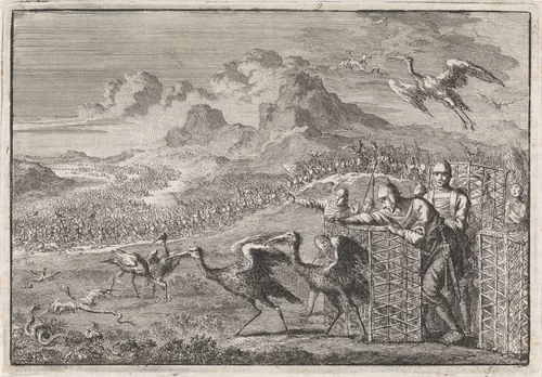 Mozes verjaagt de slangen door ibissen los te laten by Jan Luyken, print, 1704
