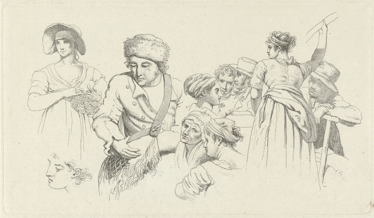Studieblad met figuren en koppen by Jacob Ernst Marcus, print, 1808