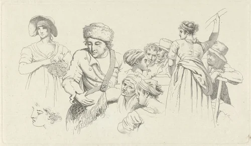 Studieblad met figuren en koppen by Jacob Ernst Marcus, print, 1808