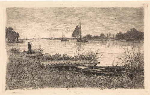 Rivierlandschap met hengelaar op een steiger by Elias Stark, print, 1886
