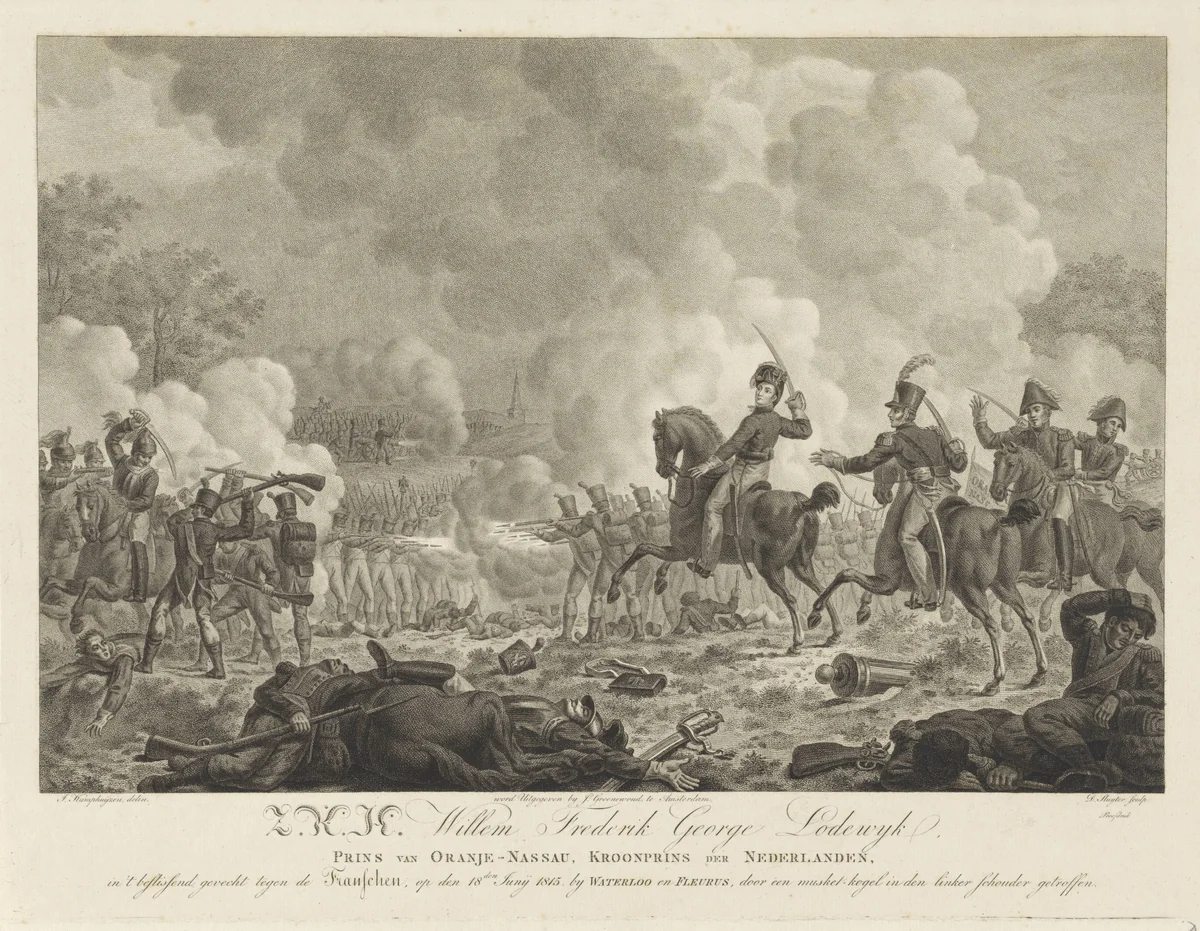 Kroonprins Willem Frederik George Lodewijk bij de Slag bij Waterloo en Fleurus by Dirk Sluyter, print, 1815