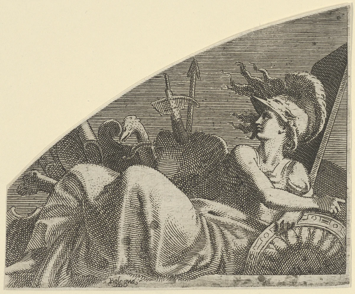 Bellona Seated on her Trophies by Léon Davent, print, 1535-1550