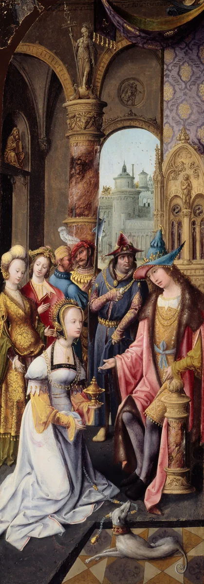 King Solomon Receiving the Queen of Sheba by Master of the Antwerp Adoration Group, painting, 1515-1520