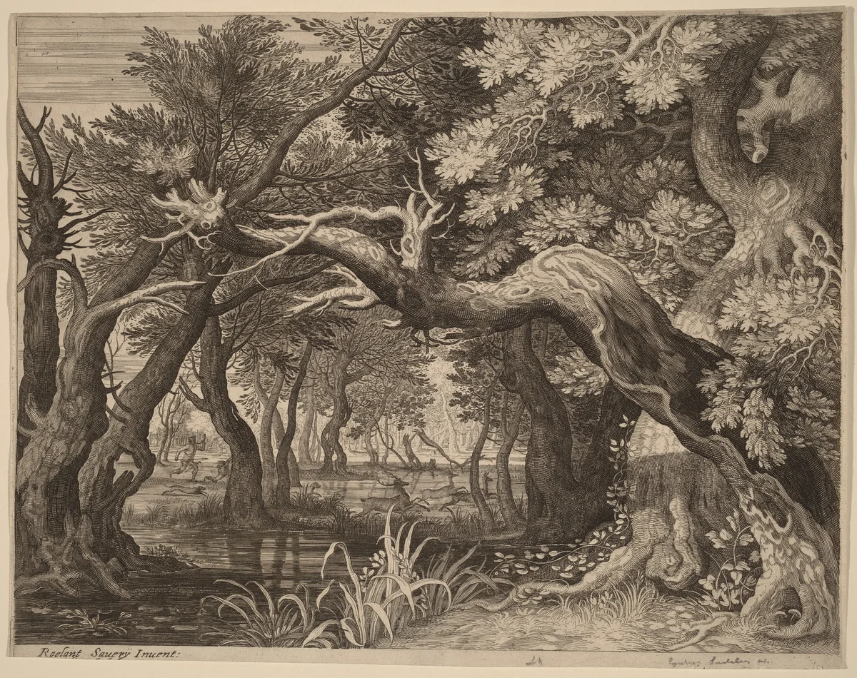 Stag Hunt near a Pool by Aegidius Sadeler Roelandt Savery, print, 1570-1629