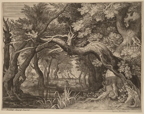 Stag Hunt near a Pool by Aegidius Sadeler Roelandt Savery, print, 1570-1629