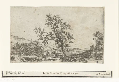 Landschap met een dorp bij een rivier by Jan Ruyscher, print, 1635-1674