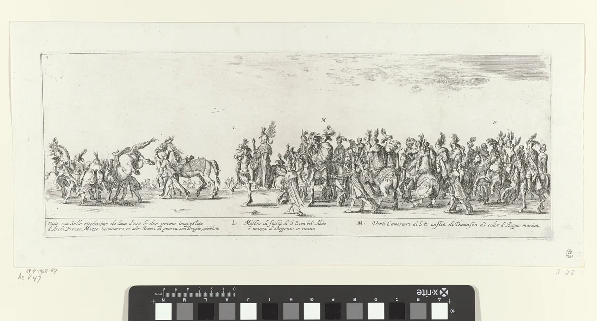 Deel van een processie met mannen te paard by Stefano della Bella, print, 1620-1664