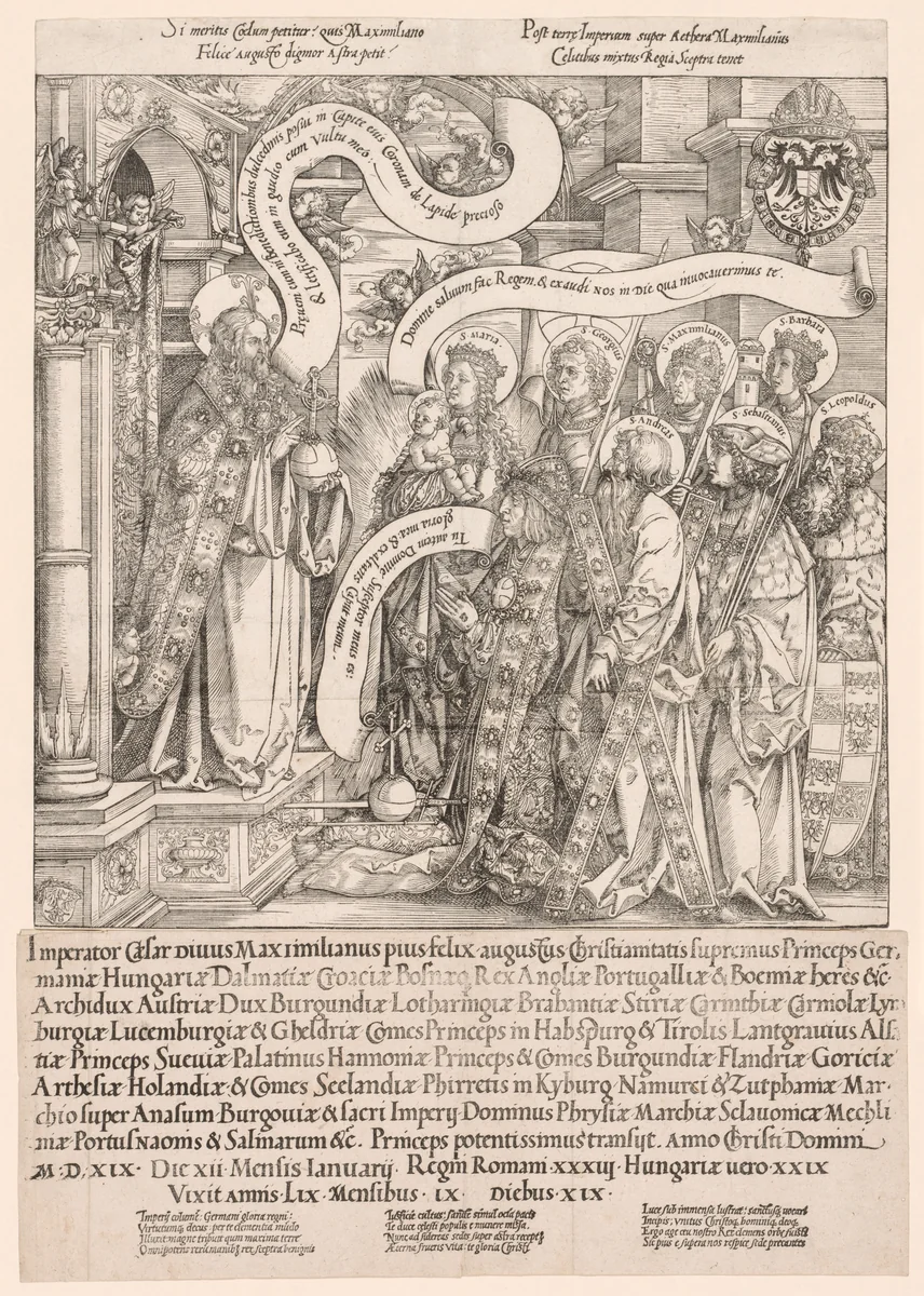 Maximilian Presented by His Patron Saints to the Almighty by Hans Springinklee, print, 1519