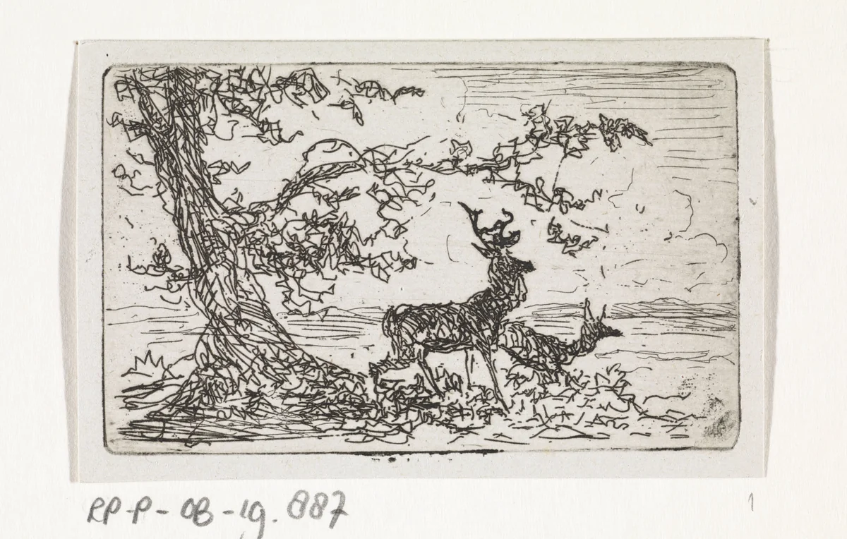 Twee herten onder een boom by Johannes Tavenraat, print, 1863