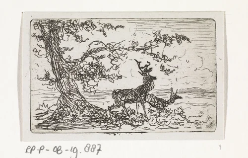Twee herten onder een boom by Johannes Tavenraat, print, 1863