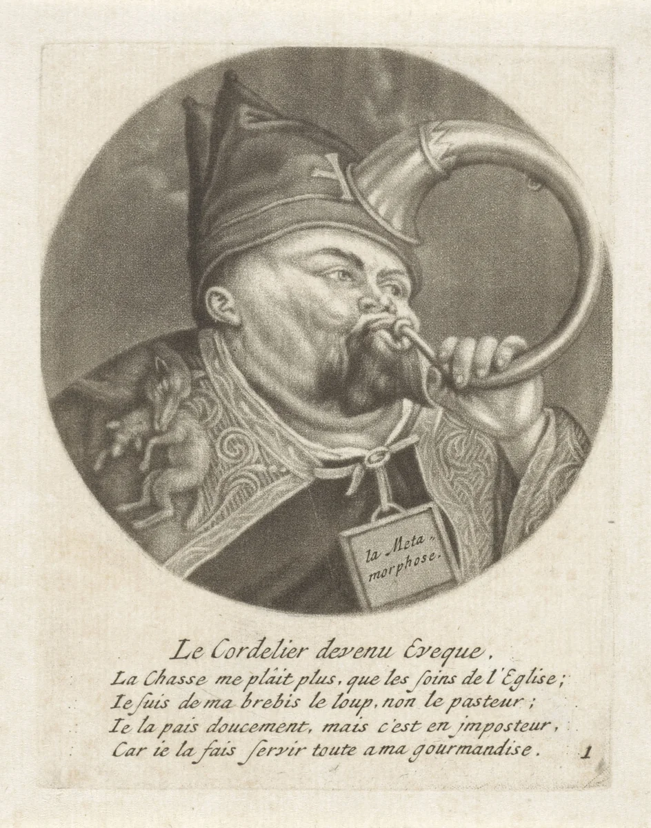 Monnik met een mijter by Jacob Gole, print, 1670-1724