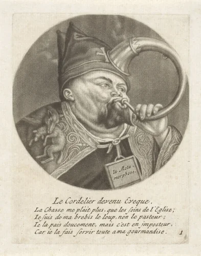 Monnik met een mijter by Jacob Gole, print, 1670-1724