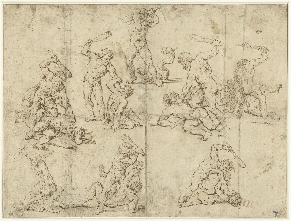 Acht studies van een vechtende Hercules by Raffaele da Montelupo, drawing, 1515-1566