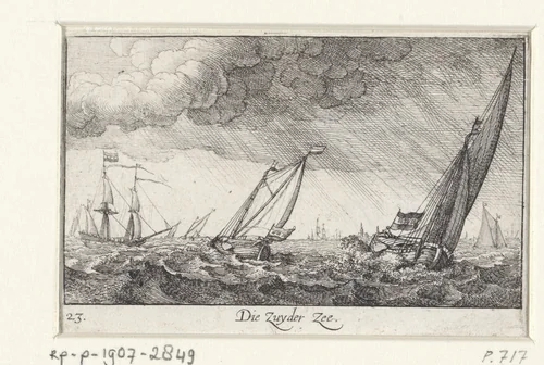 Boten tijdens storm op de Zuiderzee by Wenceslaus Hollar, print, 1635