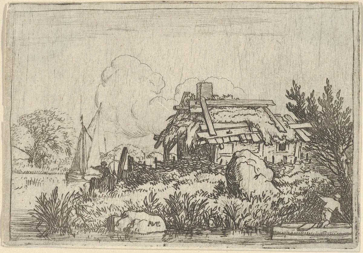 The Ruined Cottage, Surrounded by Water by Allart van Everdingen, print, 1621-1675