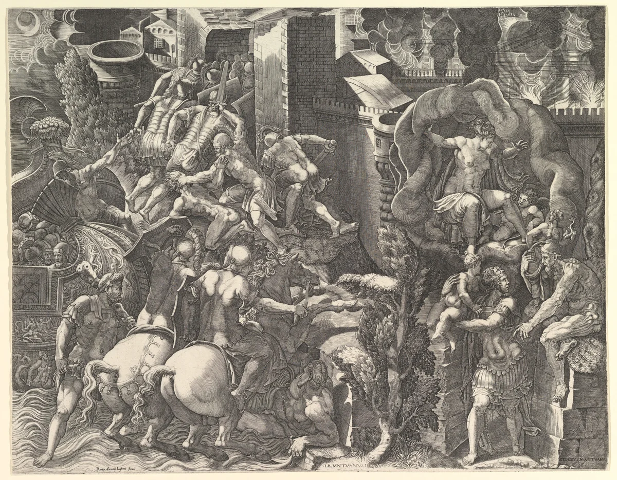 The Fall of Troy and the Escape of Aeneas by Giorgio Ghisi, print, 1540-1549