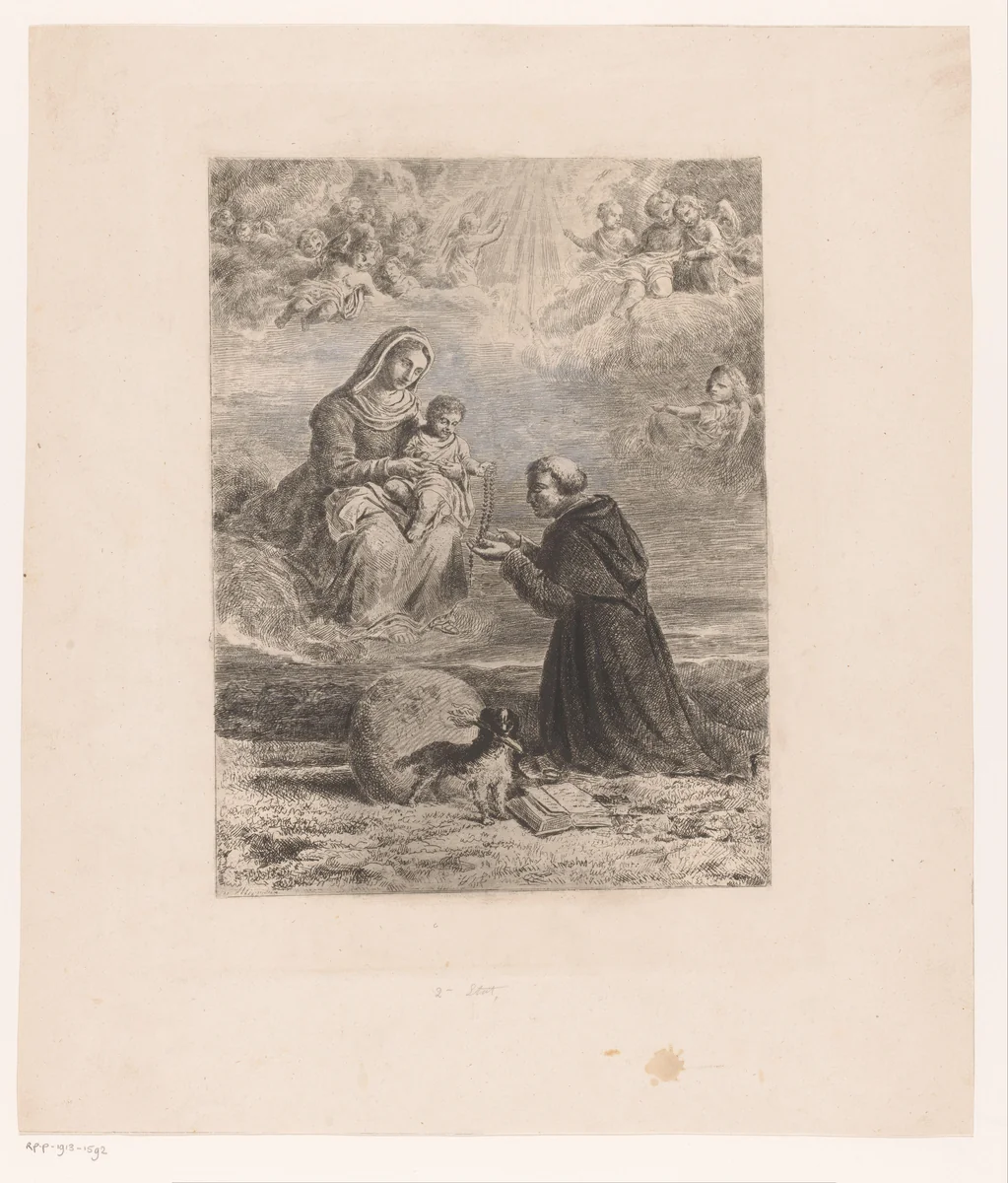 Verschijning van Maria met het Christuskind aan Sint-Dominicus by Joseph Meganck, print, 1817-1891