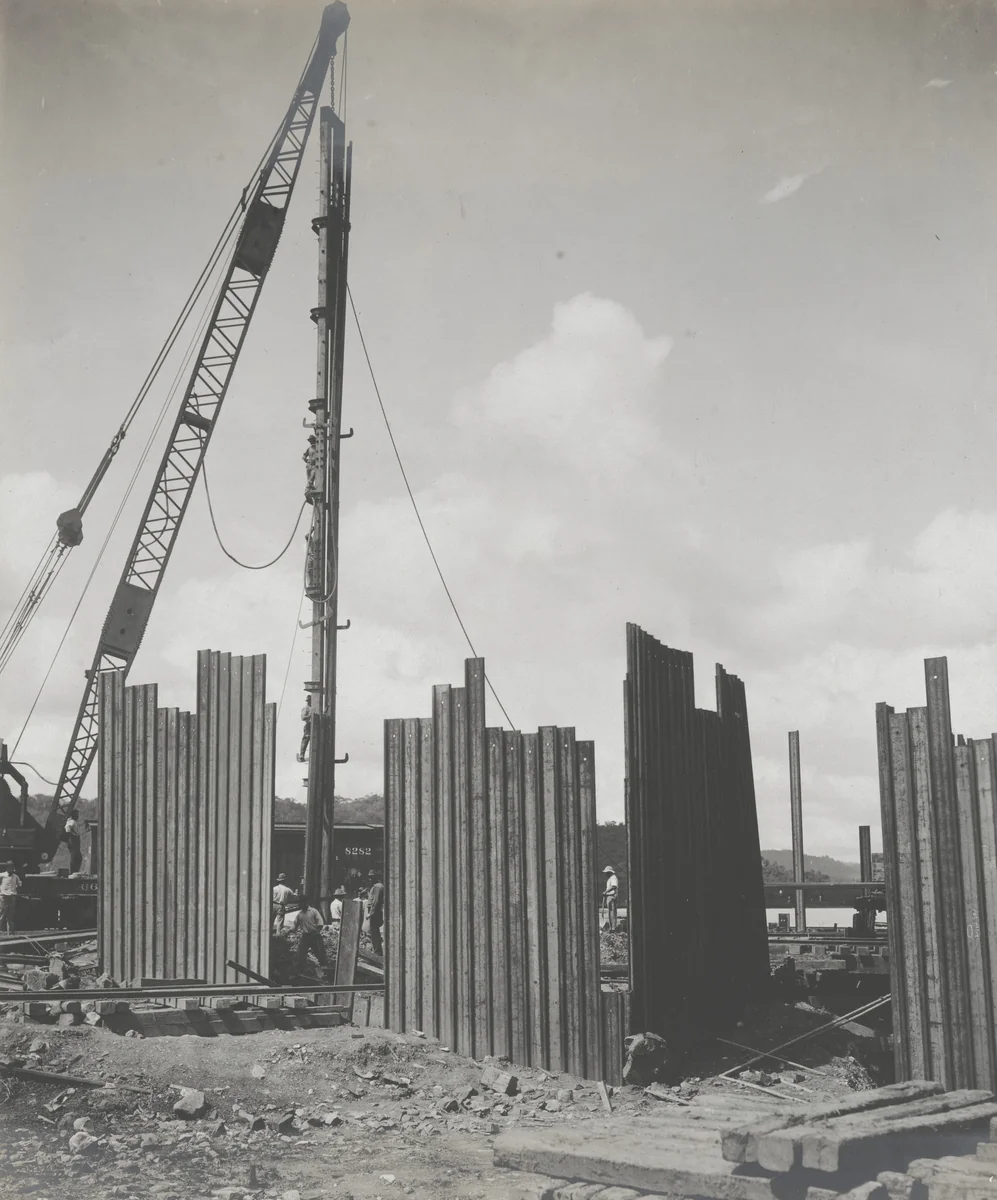Balboa Terminals. Unloader Wharf, Coaling Plant. Steel sheet piling for protection of excavation of west end of pier foundations by Unidentified Photographer, photograph, 1915