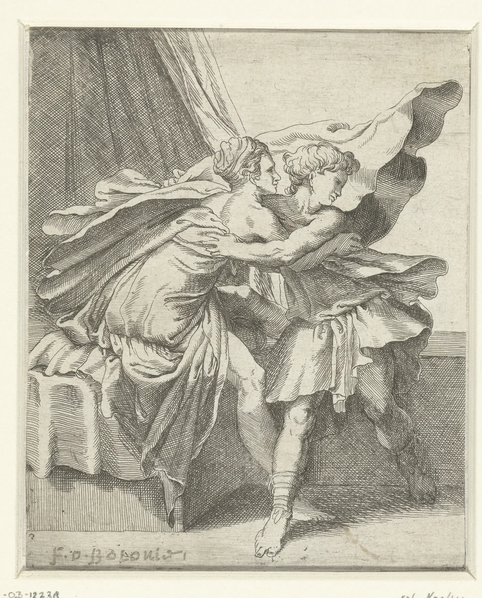 Jozef en de vrouw van Potifar by anonymous, print, 1520-1590
