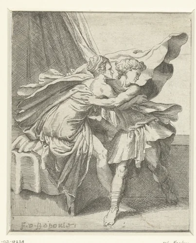 Jozef en de vrouw van Potifar by anonymous, print, 1520-1590