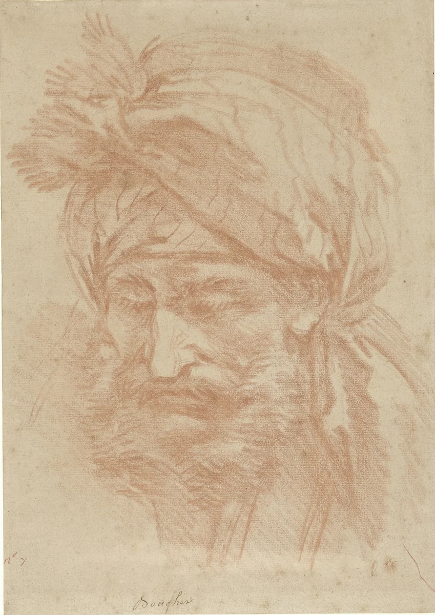 Kop van een gebaarde oosterling met tulband, van voren, naar beneden ziend by François Boucher, drawing, 1713-1770