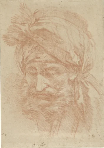Kop van een gebaarde oosterling met tulband, van voren, naar beneden ziend by François Boucher, drawing, 1713-1770